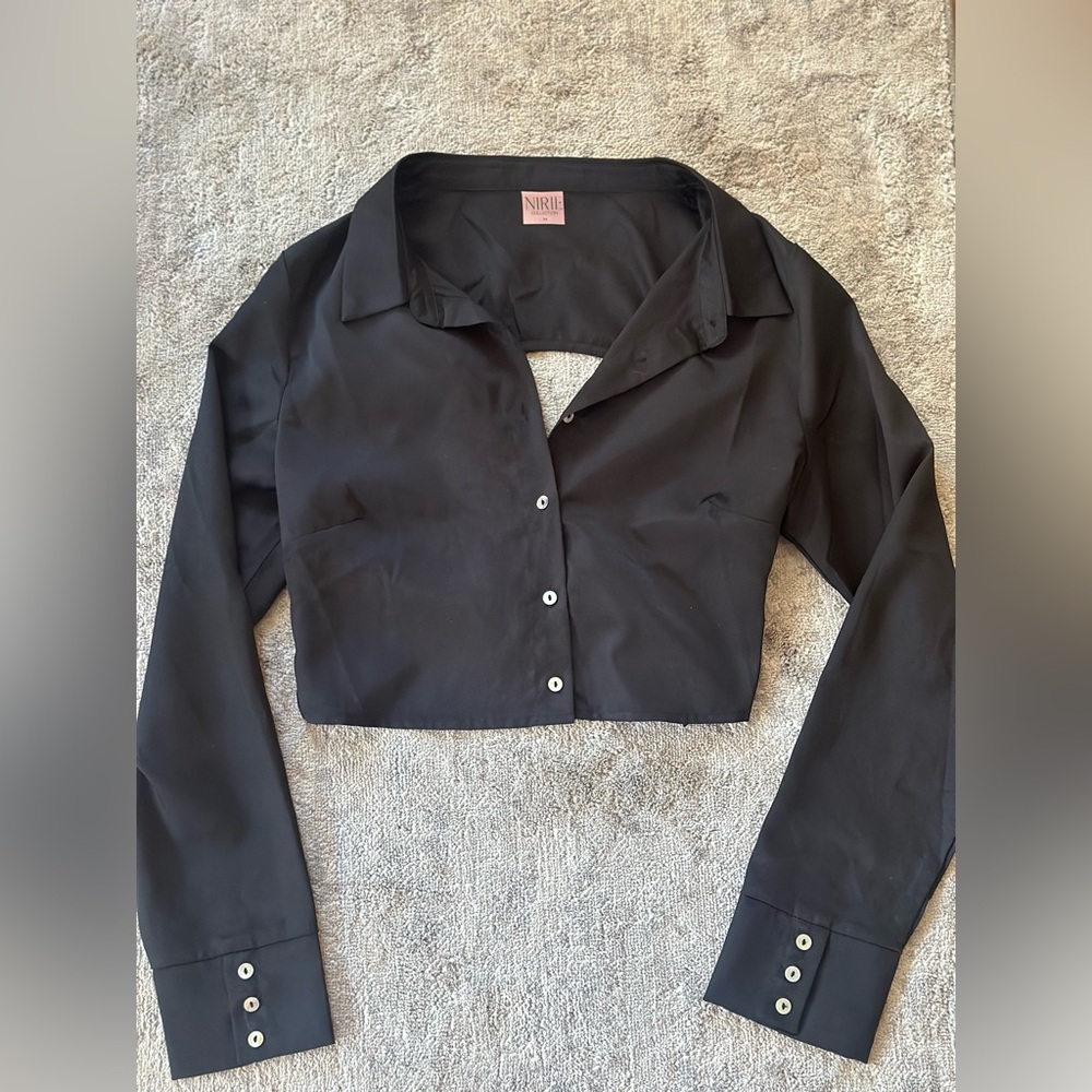 Nirie button down black crop top with open back